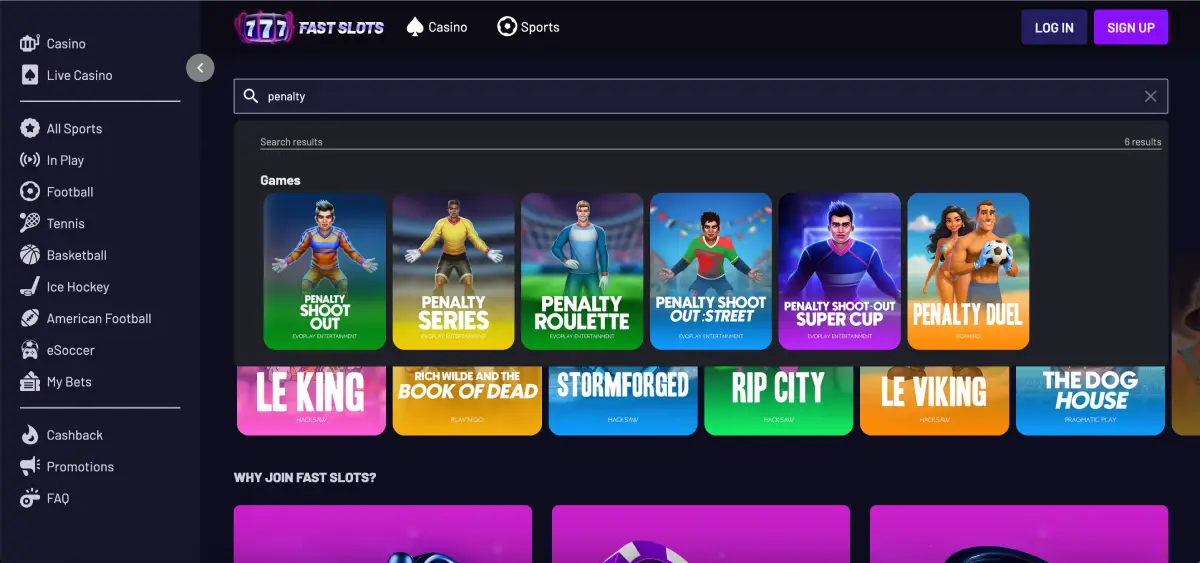 Fast Slots casino homepage showing Penalty Shoot Out options