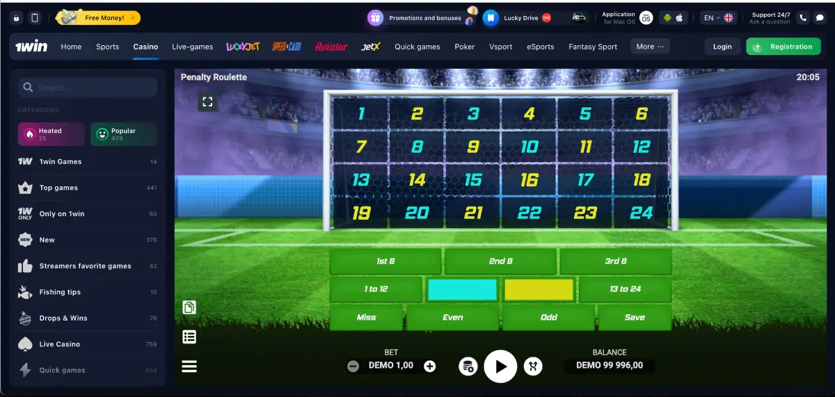 Free demo mode of Penalty Roulette with virtual chips