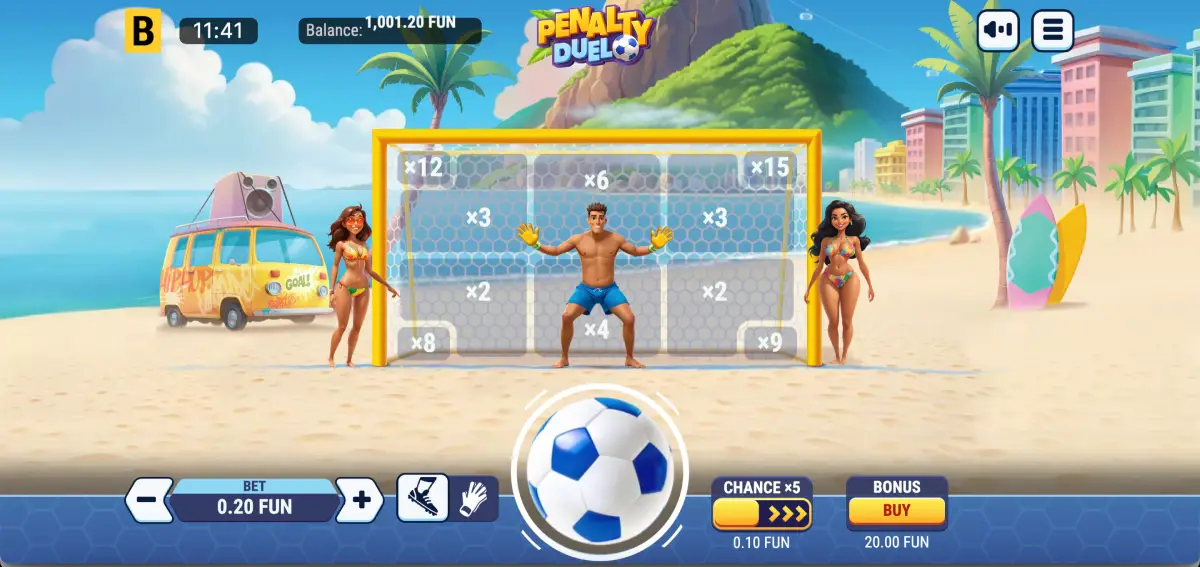 Gameplay of Penalty Duel in Striker mode showing multiplier targets on the goalpost Gameplay of Penalty Duel in Striker mode showing multiplier targets on the goalpost