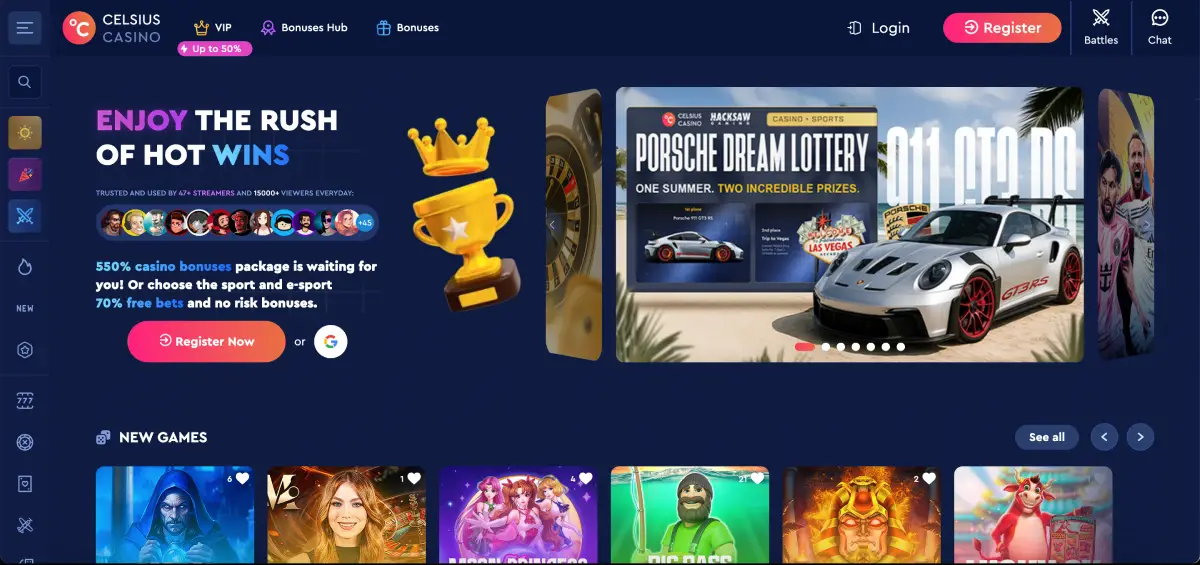 Celsius Casino homepage interface with dark mode and sidebar navigation