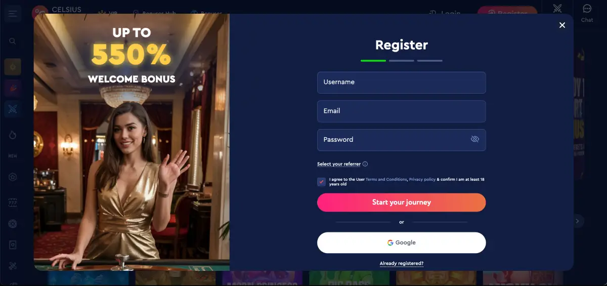 Celsius Casino welcome bonus popup with 300% total offer