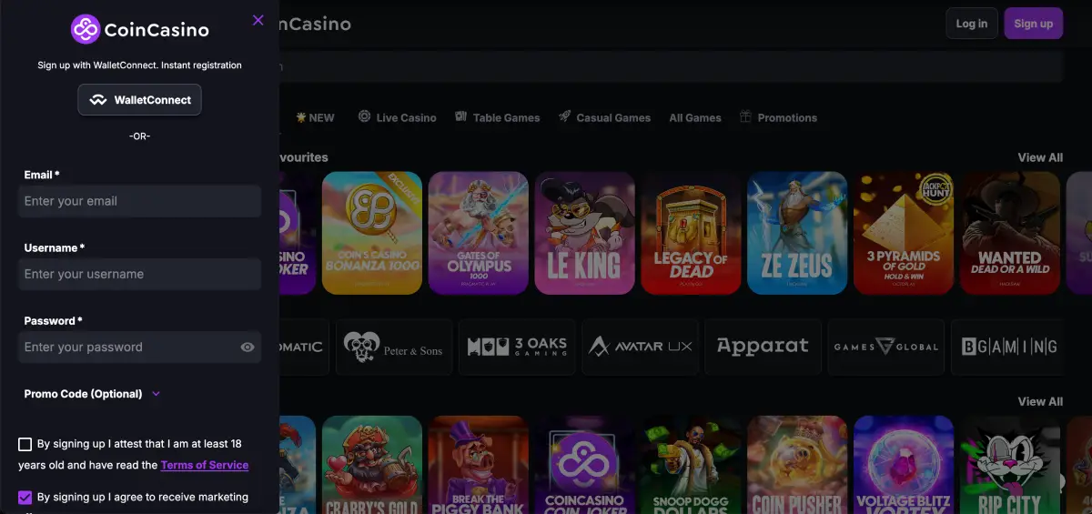 Registration screen at CoinCasino for Penalty Shoot Out