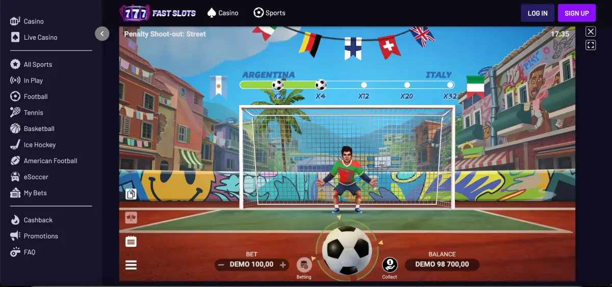 Penalty Shoot Out demo mode in Fast Slots without registration