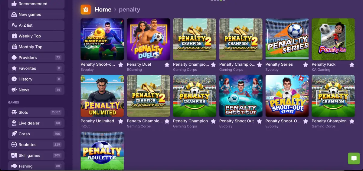 Penalty games library in Gold casino interface