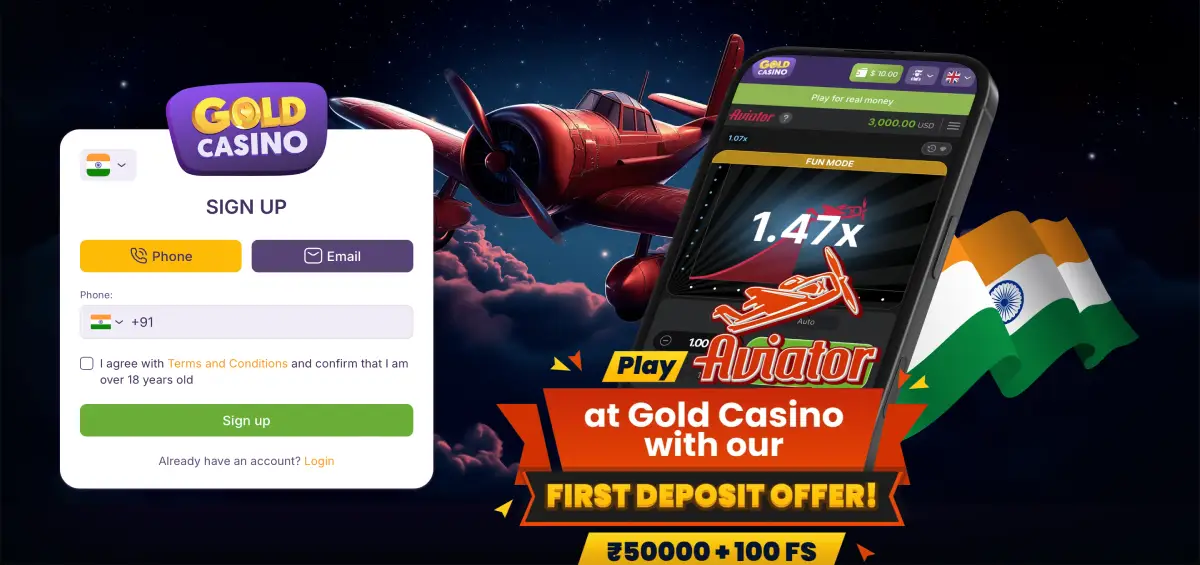 Gold casino registration page with Indian flag