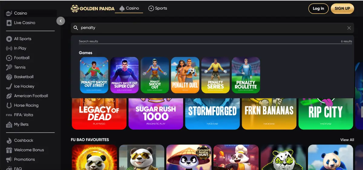 Golden Panda casino homepage with Penalty Shoot Out games