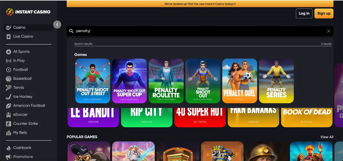 Instant Casino homepage showing Penalty Shoot Out versions
