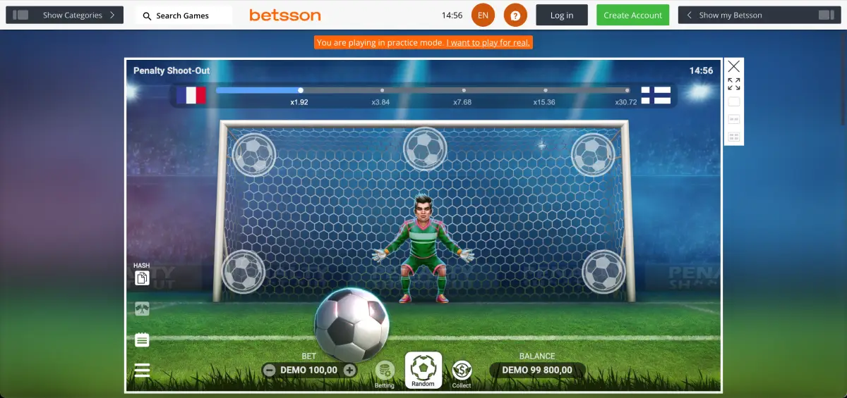 Penalty Shoot Out demo screen at Betsson