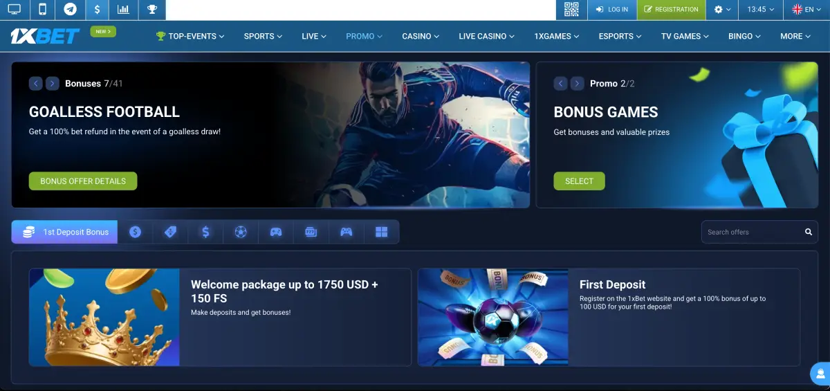 Bonus popup for Penalty shoot out 1xbet with welcome offers and free spins