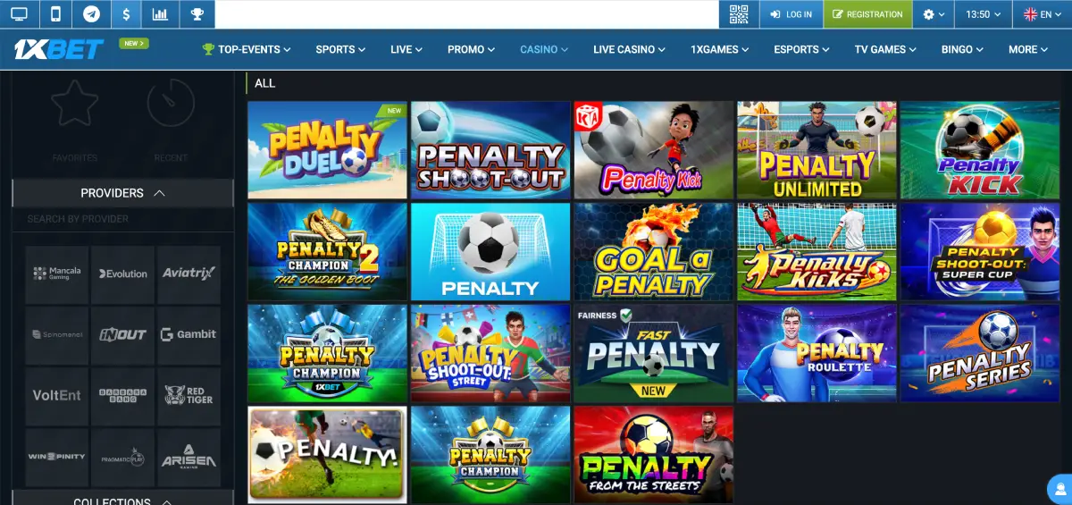 Penalty shoot out 1xbet interface showing shot directions and collect button