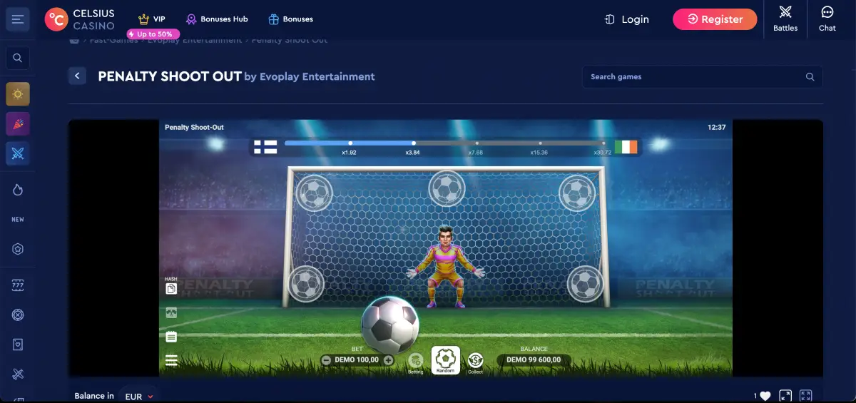 Penalty Shoot Out in Celsius Casino screen with multipliers