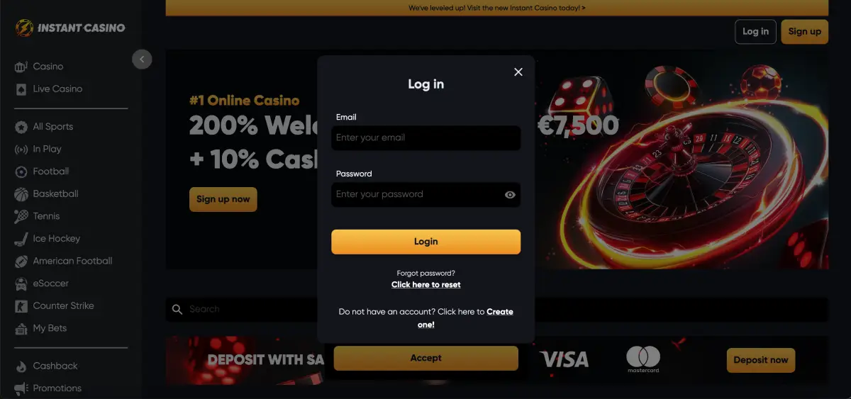Registration process at Instant Casino to play Penalty Shoot Out
