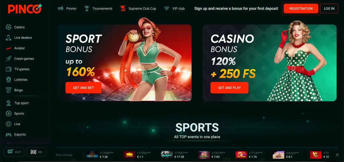 Casino welcome bonus at Pin Up with 120% and 250 FS