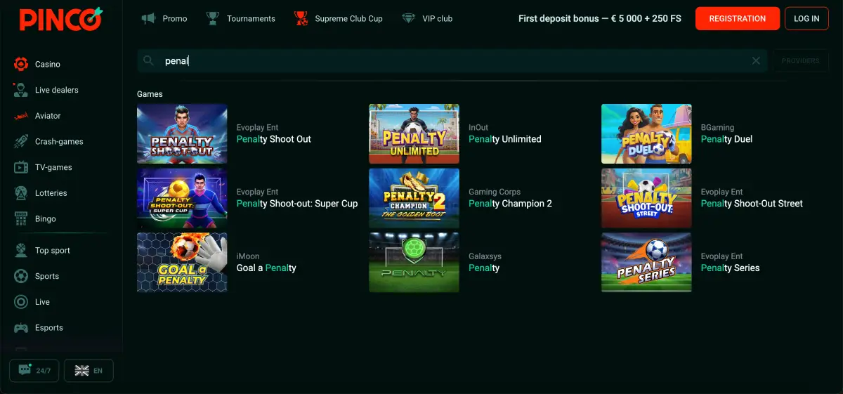 Penalty Shoot Out games in Pin Up search results