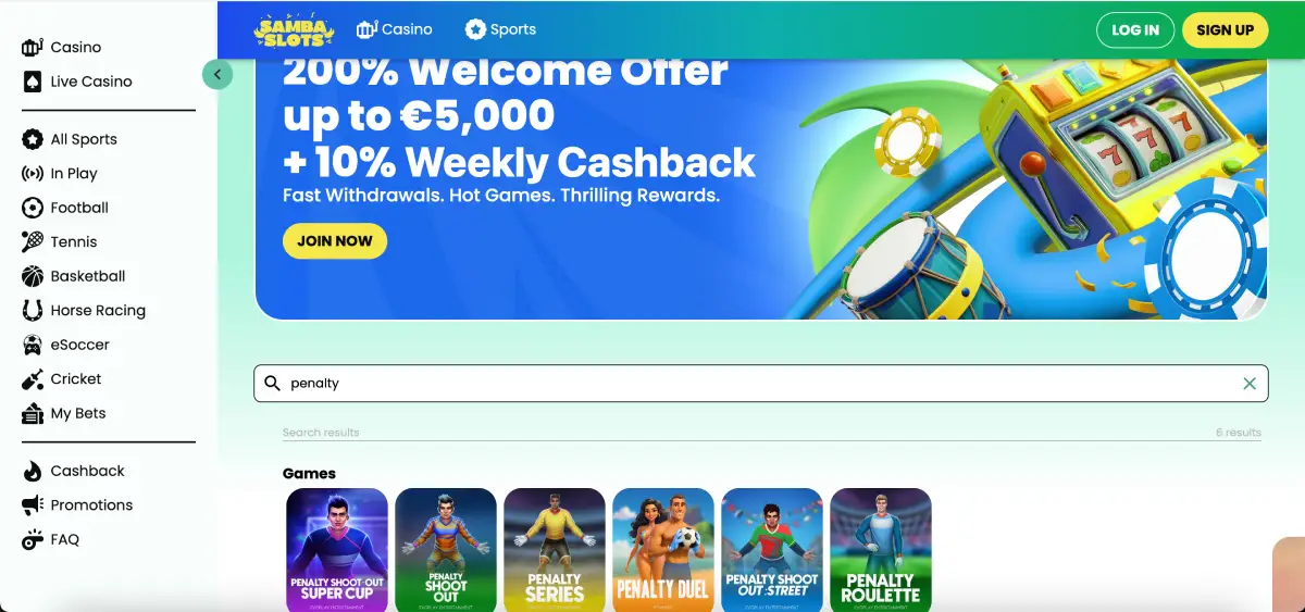 Samba Slots casino homepage showing Penalty Shoot Out games
