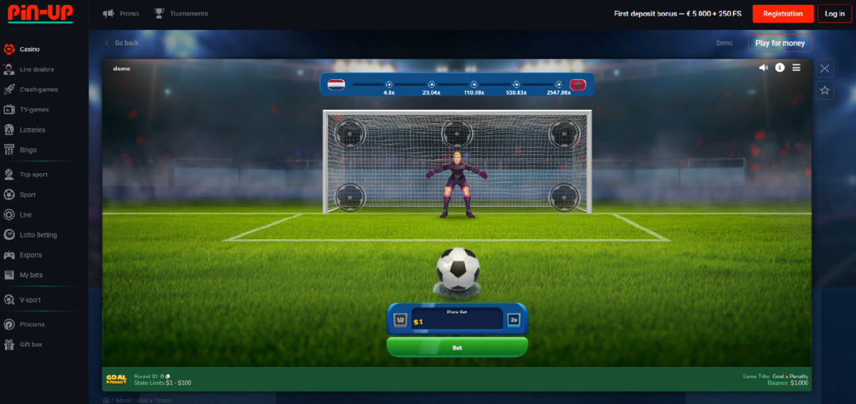 Goal a Penalty slot main screen with penalty goal zones and multipliers