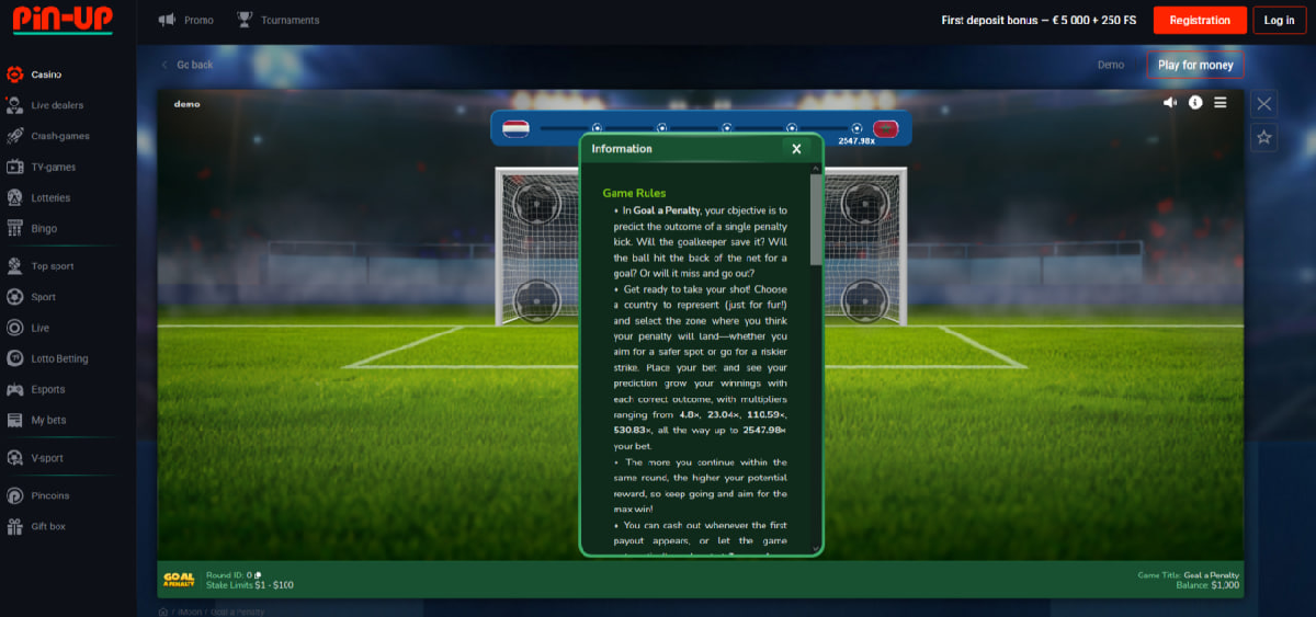 Goal a Penalty gameplay showing shot zone selection and risk levels