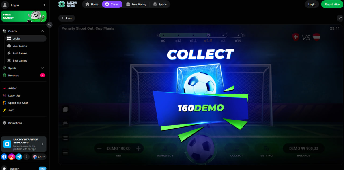 Penalty Shoot Out Cup Mania demo mode with virtual balance for gameplay testing